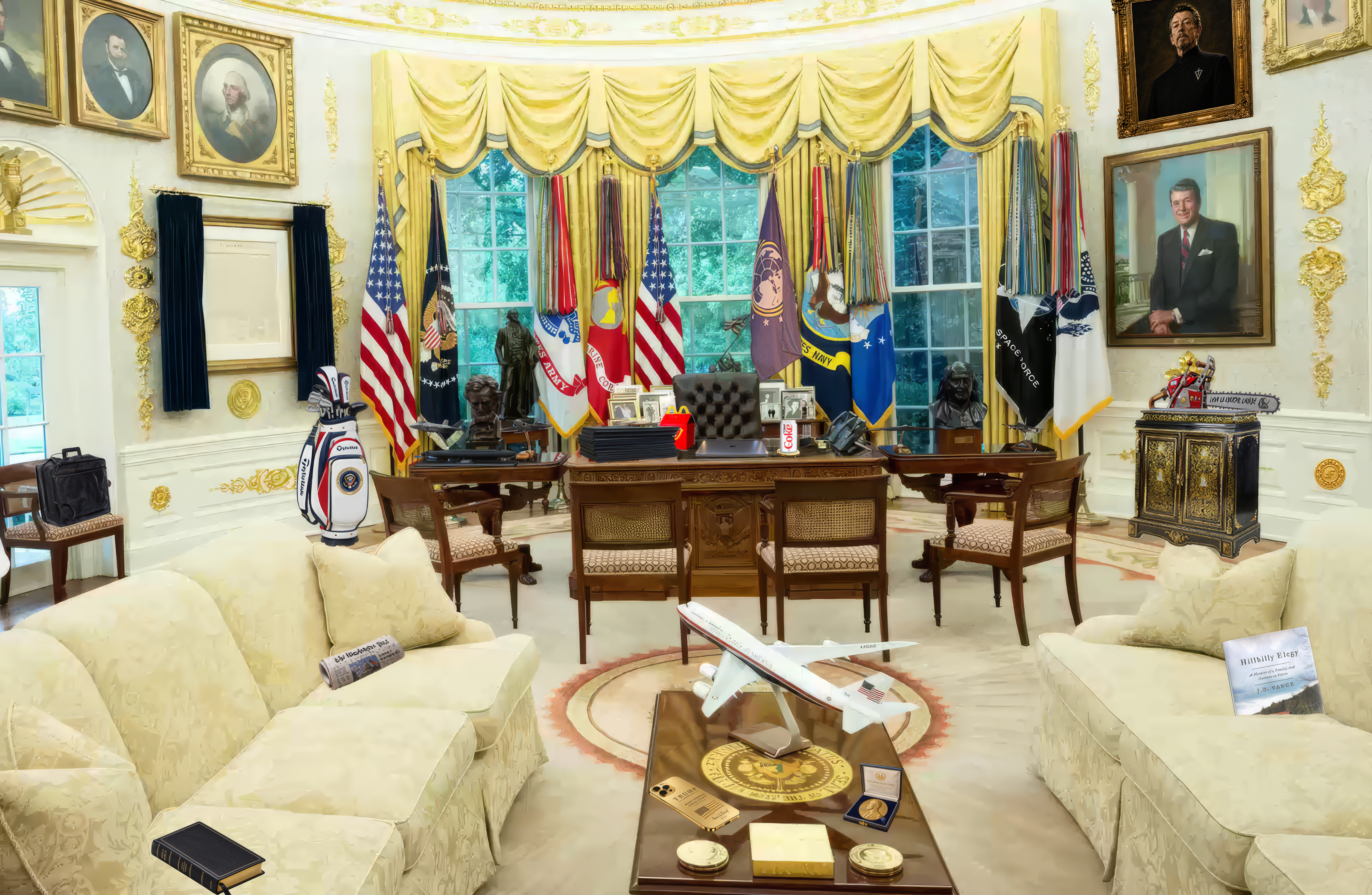 Satirical composite of the Oval Office